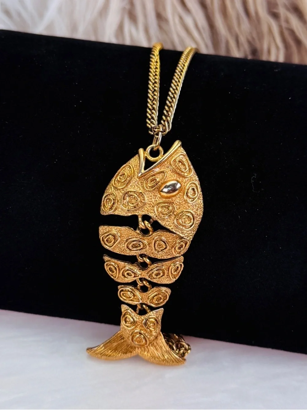 Vintage Articulated Fish Aged Goldtone Pendant Necklace • JJ Jonette Signed